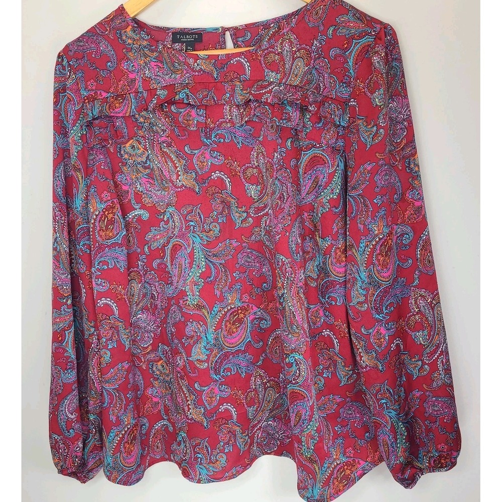 Talbots 1XP Paisley Blouse Red Multicolor Long Sleeve Top Womens Ruffle Blouse - Picture 2 of 6